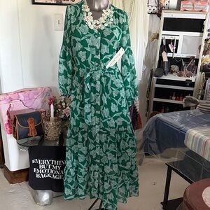 Floral V-Neck Long Sleeve Maxi Dress - Green Ryan Michelle